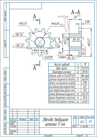 Звездочка ведущая, шпонка 5х5, посадочный диаметр 20мм (11 зубьев), шаг 15.875