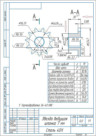 Звездочка ведущая, шпонка 7х7, посадочный диаметр 22мм (11 зубьев), шаг 15.875